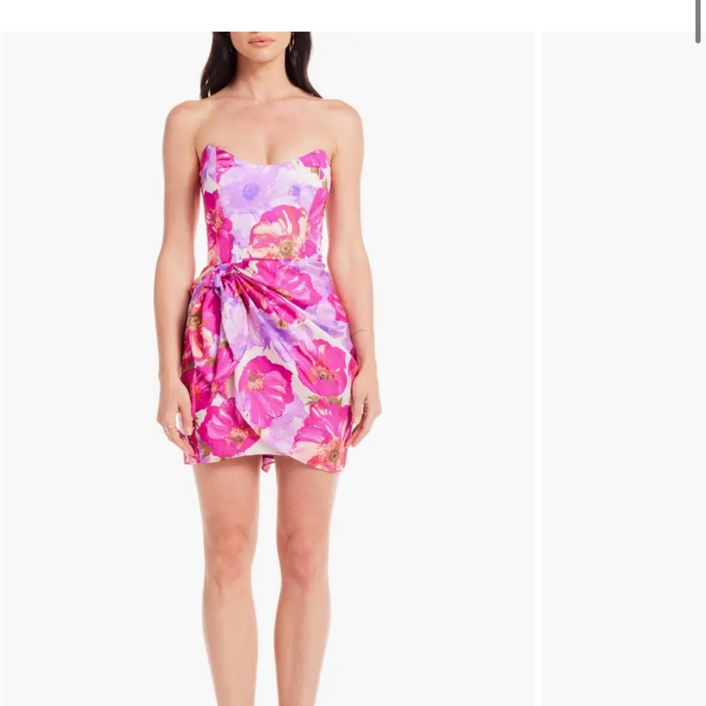Katie May Strapless Pink & Lavender Floral Tie-Waist Mini Dress